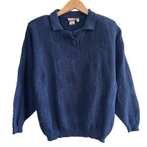 Vintage 80s Navy Polo Collar Knit Floral Sweater